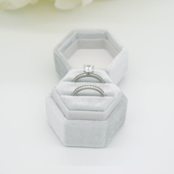 Light Grey Hexagon Double Velvet Ring Box