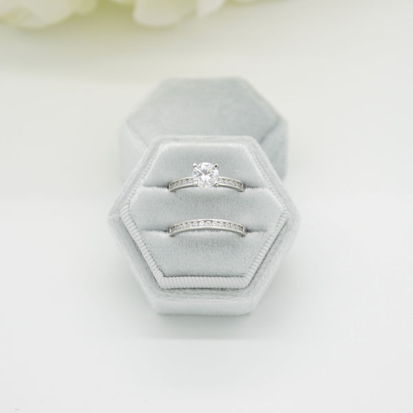 Light Grey Hexagon Double Velvet Ring Box