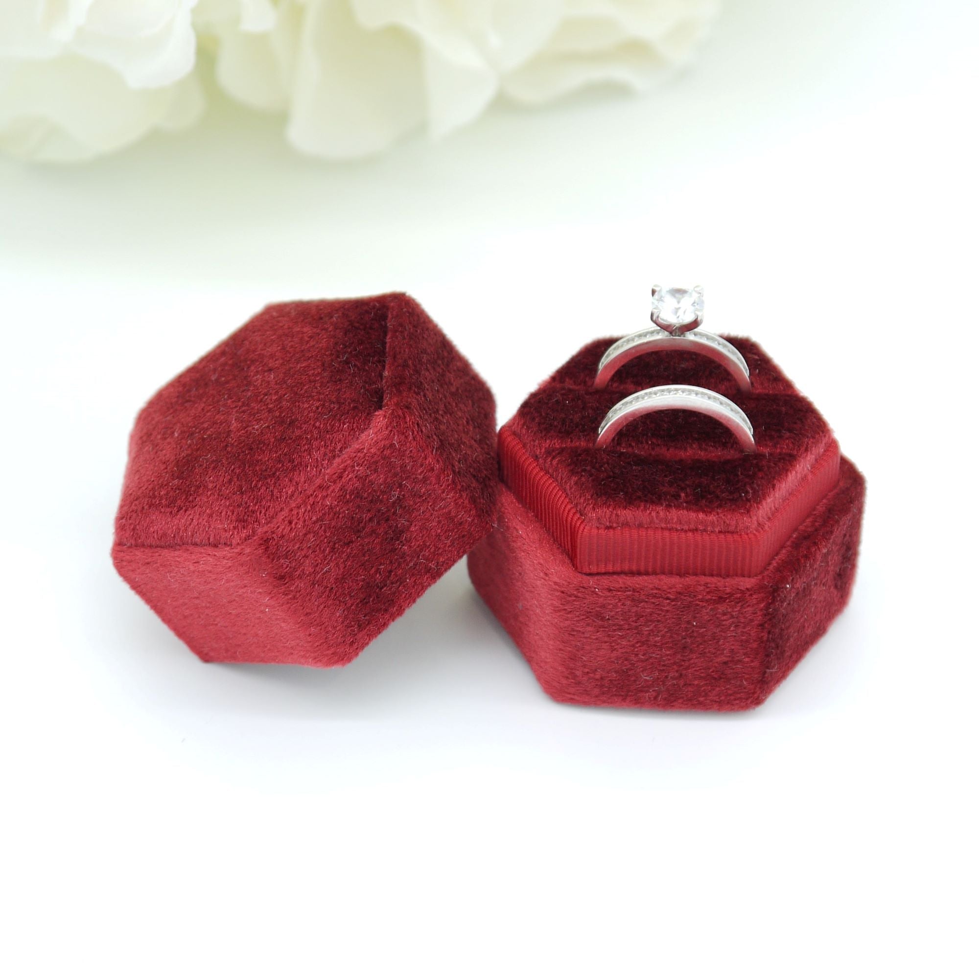 Red Hexagon Velvet Double Ring Box - Bijou Boxes